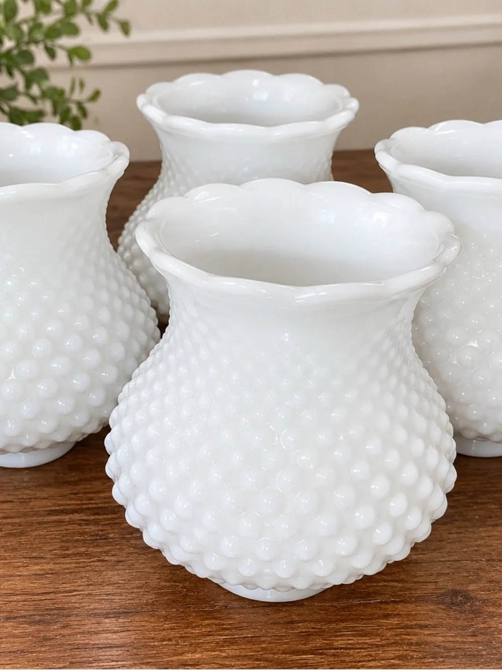 Set of 4 Vintage White Milk Glass Hobnail Lamp Shades Globes Scalloped Rim